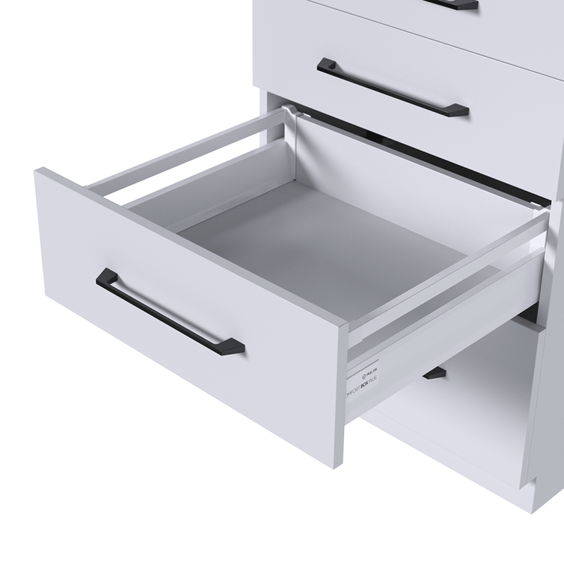 COMFORT BOX PLUS Drawer System H=135 mm (5.3") with Upper Rectangular Railing | Silver & White
