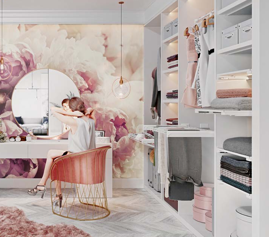 Modern bedroom with floral wallpaper, vanity table, and open closet.
